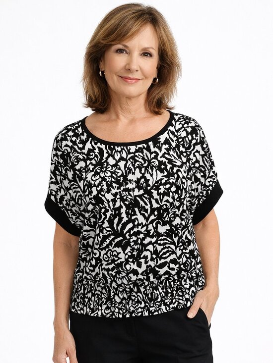Alfani Tops - Alfani Floral Pullover Top Round Neckline Short Sleeves Black White Print Small